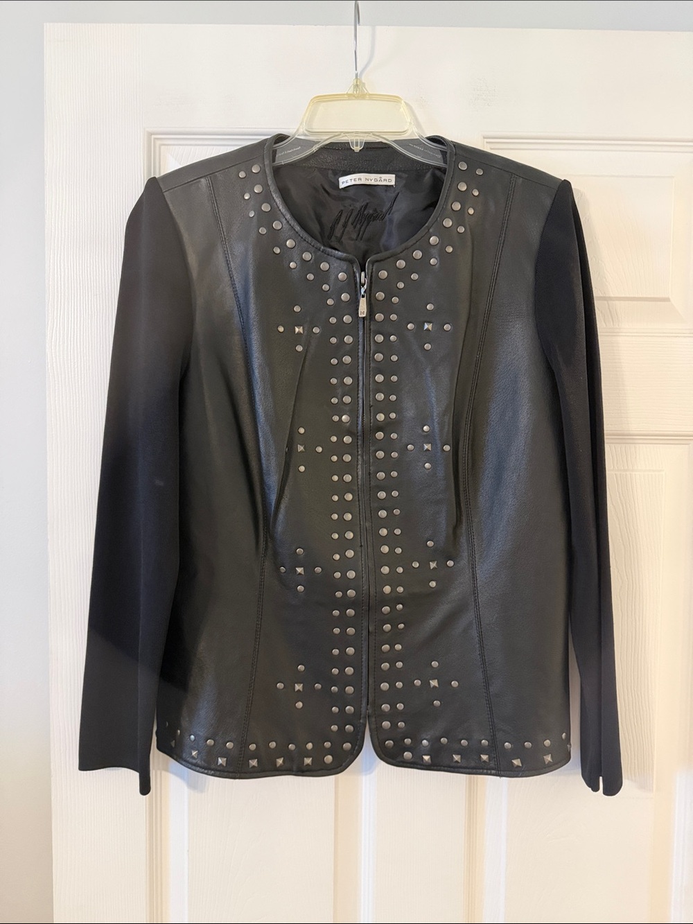 Peter Nygard Black Studded Leather-Front Jacket with zipper length 25” bust 36”